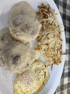 Biscuits and gravy, hash browns, and an over medium egg. All so tasty!