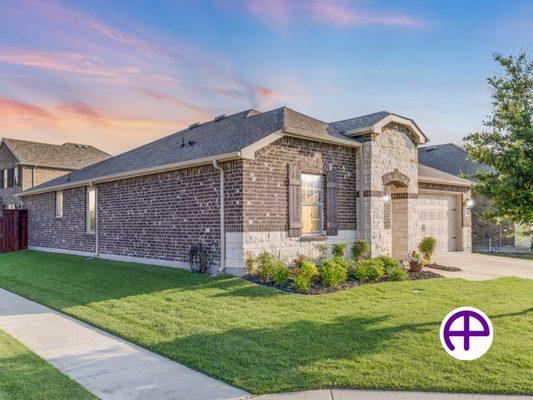 Left front corner view of one-story Dallas home at twilight with AccuHDRPhotos™, AccuTwilightPhotos™, and AccuResidentialPhot...