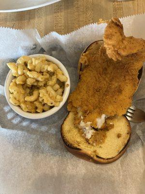 White fish sandwich and Mac and cheese