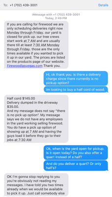 Part 1 of text exchange. terrible customer service by the owner. Why get so aggressive and start calling people a moron?