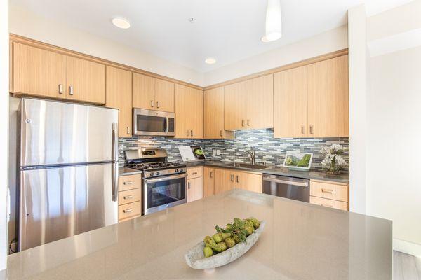 Kitchen with stainless steel appliances, hardwood style flooring, and island.