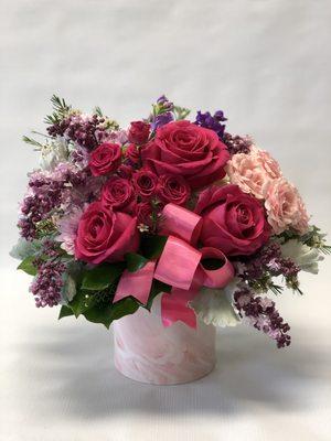 Marbled keepsake vase with Hot Pink Roses and Lilacs - Mother's Day 2019