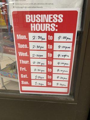 Hours posted on door