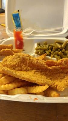 Fried catfish, green bean and fries