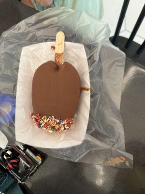 Vanilla ice cream bar dipped in chocolate with sprinkles!