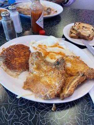 Fried pork chops and eggs