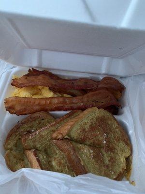 French toast eggs and bacon.