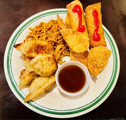 Dumplings, Lo Mein, Fried Shrimp, Egg Roll, Spring Roll