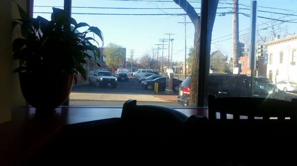 At the counter, looking out the front window