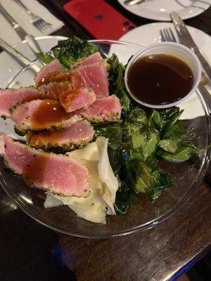 Sushi grade blackened yellow fin tuna over crisped baby spinach with pickled ginger and teriyaki soy style dipping sauce, this was fantastic