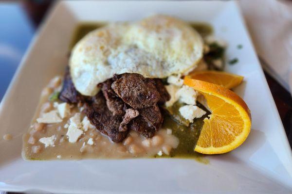 Chilaquiles verdes with steak