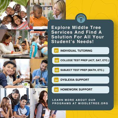 Middle Tree offers a variety of services from individual to group supplementary classes, tutoring, and one-on-one academic support.