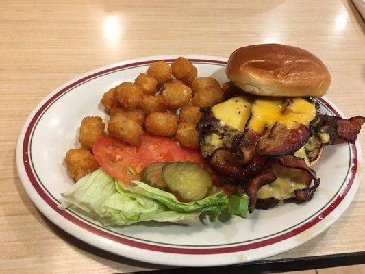 Mega bacon cheeseburger with tater tots