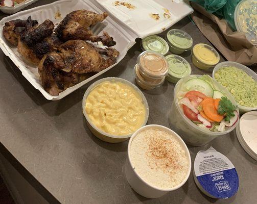 Chicken, Mac and Cheese, Esquite, Salad, Poblano Rice