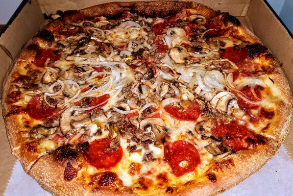 Large Cajun Pizza: Pepperoni, sausage, meatballs, onions, fresh hot peppers & mushrooms over homemade tomato sauce.