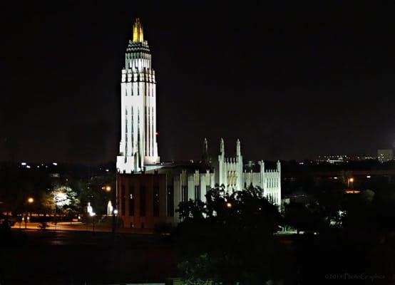 The Boston Avenue United Methodist Church dominates the Tulsa night skyline