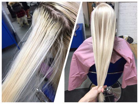 Even out that blond and keep it healthy! We use Olaplex in every color!