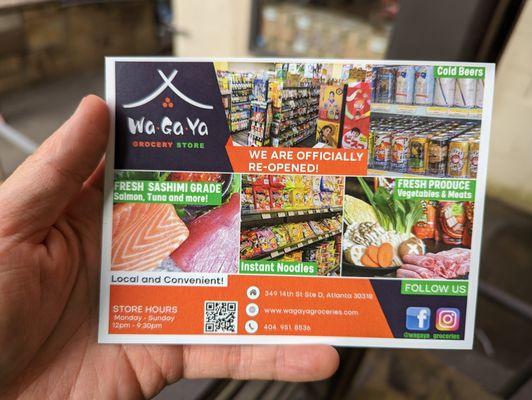 Wagaya Japanese Grocery Store info card. Page 1 of 2.