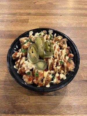 Chicken Rice Bowl with Added Jalapeños and Siracha Mayo