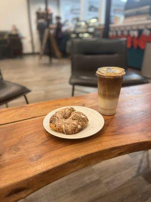 Iced macchiato and a marshmallow chocolate croissant