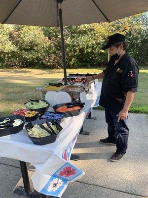 Main course, hamburger fixings, corn, beans, ribs and chicken