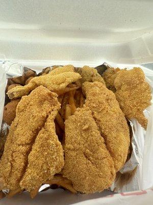 catfish, oysters, shrimp and fries with hush puppies