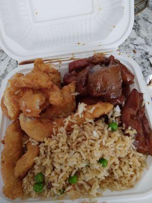 Fish, teriyaki chicken and fried rice.  So good!