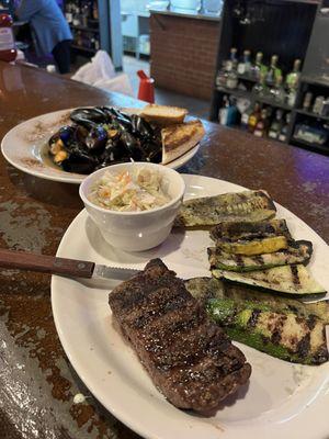 8oz steak grilled veggies and slaw.