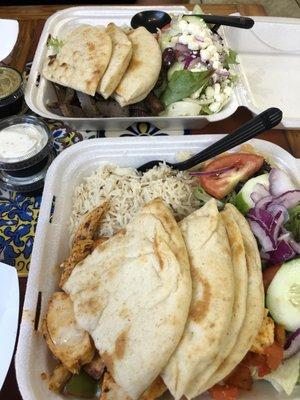 Tikka plate (bottom) and gyro plate (top).  Pita is covering the meats however.