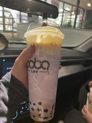 Taro smoothie with cream foam and boba