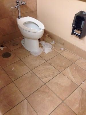 Filthy restrooms   Trash on the floor no toilet paper all the counters had dirt and grime on them