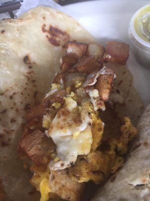 Inside a potato breakfast taco.