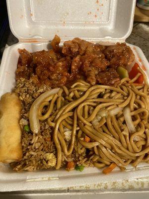 Sweet and Sour Pork with Chow Mein, Fried Rice and a spring roll.