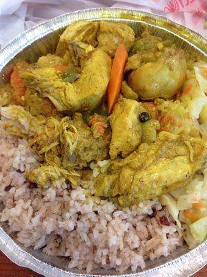 Large Curry Chicken, rice, and cabbage