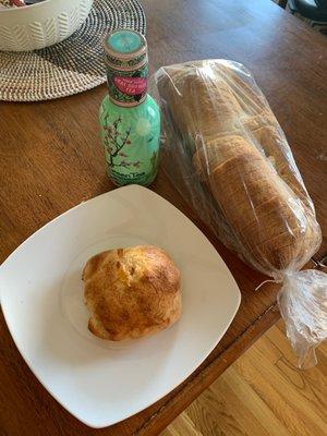 Sausage and Cheese Calzone, loaf of bread, and Arizona green Tea