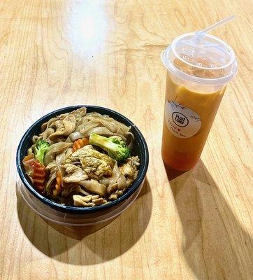 L to R: Pad See Ew with Chicken, Thai Iced Tea