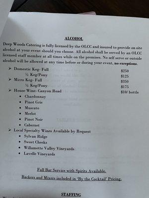 Original price list given to us when we booked the venue