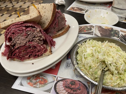 3 meat combo, corn beef, pastrami and brisket with bottomless coleslaw and pickles. Wow DELISH