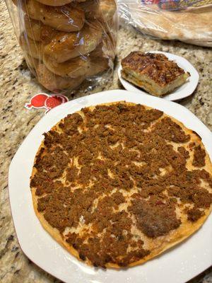 Armenian meat pizza -lahmajun
 And square cheese boreg phyllo with cheese in the middle.