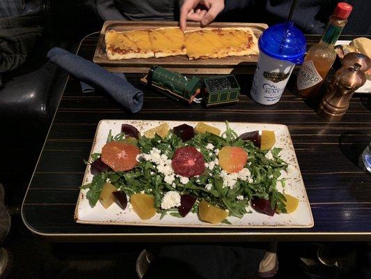 Beet salad and kids pizza