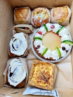 Buttermilk biscuit, apple pie brioche, key lime pie, ham & smoked cheddar quiche, brioche cinnamon rolls, Kentucky bourbon balls