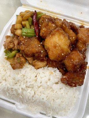 Steamed rice with kung pao chicken and sesame orange chicken