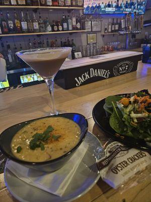 Crab chowder and house salad, espresso martini