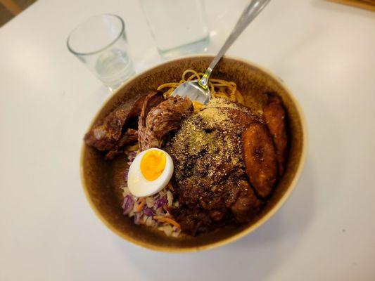 Waakye (rice and black eyes peas, fried plantains, spaghetti, shrimp and pepper paste, beef stew, soft boiled egg and coleslaw) w/fried fish