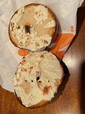 This is what a bagel WITH veggie cream cheese looks like. Pathetic , right? Good thing I had some at home.