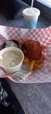 One piece Cod with Fries and Clam Chowder.   Excellent!