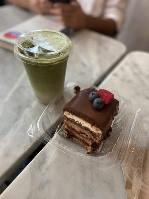 Mousse Cake Slice, Iced Matcha Latte