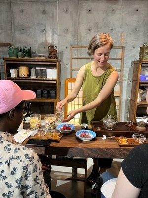 Zo Guthrie, hosting a focused tea at Fox and Moon's Tea Lounge at Where Monsters Dream in the Arts District, L.A.