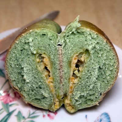 Matcha Salted Egg Yolk Bun (cut in half): $2.25