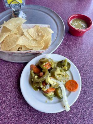 Chips, salsa verde and escabeche (seasoned just right).